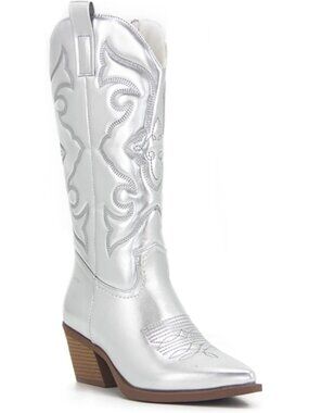 Women’s Silver Knee High Cowboy Boots Wide Calf Embroidered Pointed Toe Western